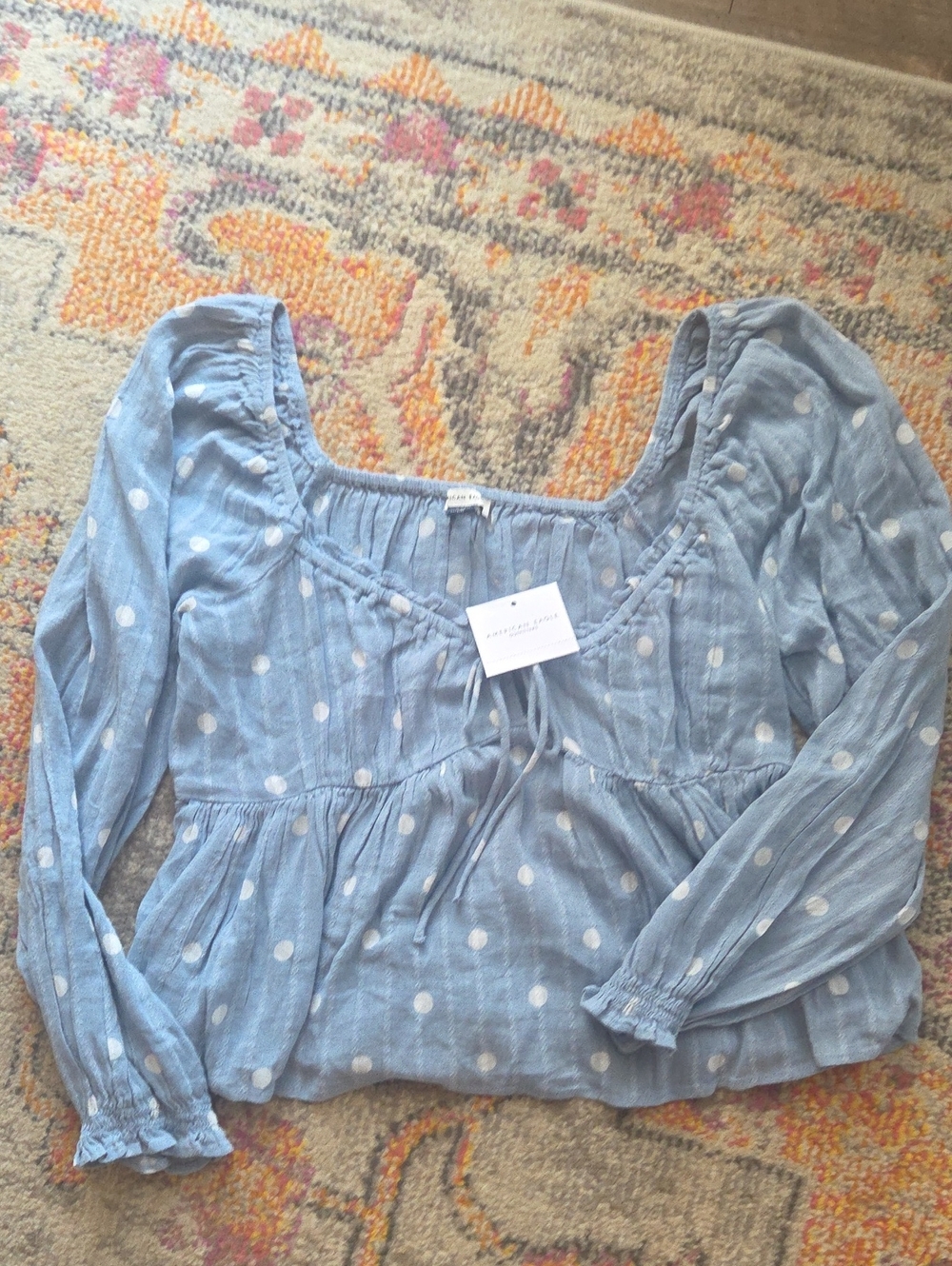 NEW American Eagle Outfitters Light Blue Polka Dot Smocked Square-Neck Top Small